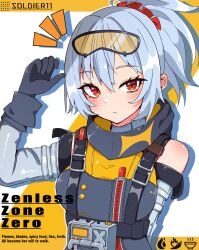 1girl closed_mouth gloves goggles grey_hair highres holding holding_goggles orange-tinted_eyewear orange_eyes ponytail red_eyes short_hair soldier_11_(zenless_zone_zero) solo tinted_eyewear user_guwt2358 white_hair yellow-tinted_eyewear zenless_zone_zero
