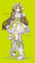 1girl absurdres ahoge ai_sike_lao_de artist_name boots bow brown_hair center_frills closed_mouth closed_umbrella commission dress frills full_body green_background green_bow green_eyes hand_up high_heel_boots high_heels highres holding holding_umbrella leg_warmers long_hair long_sleeves looking_at_viewer original simple_background single_thighhigh solo standing thighhighs umbrella white_boots white_dress white_thighhighs white_umbrella