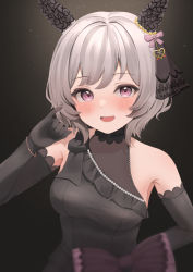 1girl :d absurdres animal_ears arm_behind_back bare_shoulders bead_bracelet beads black_dress black_gloves blush bracelet breasts commentary_request curren_chan_(sakutsuki_ma_cherie)_(umamusume) curren_chan_(umamusume) dark_background dress ear_covers elbow_gloves gloves grey_hair hair_ornament hanazawa_ma highres horse_ears horse_girl jewelry looking_at_viewer medium_breasts open_mouth pinky_out purple_eyes short_hair sleeveless sleeveless_dress smile solo the_promised_time:_silks_&amp;_three_riddles_(umamusume) umamusume upper_body