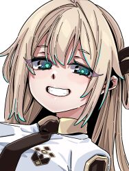 Rule 34 | 1girl, black eclipse dragon princess, blonde hair, blue eyes, daiou medama, duel monster, highres, long hair, parted lips, shirt, sky striker ace - raye, smile, solo, upper body, white shirt, yu-gi-oh!