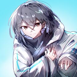 1girl bang_dream! bang_dream!_it&#039;s_mygo!!!!! black_shirt blue_background gradient_background grey_hair hair_between_eyes hibioes jacket long_sleeves shirt short_hair solo takamatsu_tomori upper_body white_jacket