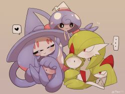 ... a-nya artist_name black_sclera blue_hair blush bob_cut colored_sclera gardevoir gen_3_pokemon gen_8_pokemon green_hair hair_over_eyes hair_over_one_eye hat hatenna hatterene hattrem heart horns kirlia multicolored_hair nintendo pokemon pokemon_(creature) prehensile_hair ralts red_eyes sidelocks simple_background smile witch_hat