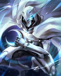 1boy armor artnoush bodysuit cloak crescent glowing glowing_eyes highres holding holding_weapon hood hooded_cloak jumping male_focus marvel marvel_rivals mask moon_knight mouth_mask power_armor signature weapon white_armor white_bodysuit white_cloak