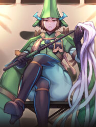 1boy armor black_gloves blue_pants brown_eyes brown_hair crossed_legs elbow_gloves folks_(nabokof) from_below gloves green_helmet green_shirt helmet highres holding japanese_armor kabuto_(helmet) looking_at_viewer looking_down male_focus mouri_motonari_(sengoku_basara) pants parted_lips sengoku_basara shirt short_hair sitting solo