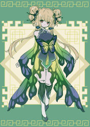 Rule 34 | 1girl, android, blonde hair, breasts, brown dust (series), brown dust 2, butterfly hair ornament, butterfly ornament, chinese clothes, closed mouth, detached sleeves, dot mouth, double bun, dress, expressionless, eyebrows hidden by hair, full body, gradient clothes, gradient dress, green background, green dress, hair bobbles, hair bun, hair ornament, highres, lecliss (brown dust), looking at viewer, meander, medium breasts, multicolored dress, purple dress, purple footwear, red eyes, sleeveless, sleeveless dress, solo, tn scallion, twintails, walking, yellow dress