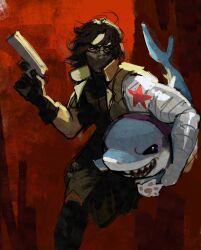 1boy arm_up black_pants brown_hair bucky_barnes captain_america_(series) carrying collared_vest curtained_hair foot_out_of_frame green_vest gun holding holding_gun holding_weapon jeff_(marvel) looking_to_the_side male_focus marvel marvel_rivals mask mouth_mask neo_jpeg open_mouth pants pawpads popped_collar prosthesis prosthetic_arm running shark sharp_teeth sideways_glance teeth vest weapon winter_soldier