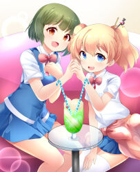 2girls alice_cartelet blonde_hair blue_eyes blue_skirt blush bow brown_eyes buruburu2 cherry dot_nose drink drinking_straw feet_out_of_frame female_focus food fruit green_hair hair_between_eyes hair_ornament holding_hands ice_cream indoors kin-iro_mosaic legs long_hair melon_soda multiple_girls oomiya_shinobu open_mouth school_uniform shirt short_hair short_sleeves sitting skirt table thighhighs thighs white_shirt white_thighhighs