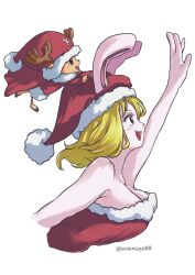 Rule 34 | antlers, aosora (mizore), bare shoulders, blonde hair, blue nose, breasts, carrot (one piece), christmas, hat, highres, hooves, horns, medium breasts, one piece, open mouth, rabbit ears, rabbit girl, santa costume, santa hat, short hair, simple background, tony tony chopper, white background