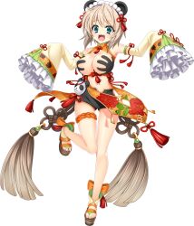 1girl :3 bare_shoulders blush breasts china_dress chinese_clothes cleavage clothing_cutout detached_sleeves dress fang frills full_body green_eyes grey_hair large_breasts leg_up long_sleeves looking_at_viewer maeda_matazaemon_wanko_toshie mtu_(orewamuzituda) navel navel_cutout open_mouth panda sandals sengoku_koihime short_hair simple_background smile solo standing standing_on_one_leg thighs transparent_background
