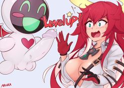1girl aikuxa bodysuit breasts cleavage erection gloves green_eyes guilty_gear guilty_gear_strive halo jack-o&#039;_valentine jewelry medium_breasts minion_(guilty_gear) necklace penis red_hair surprised white_bodysuit