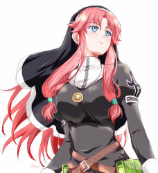 1girl black_dress blue_eyes breasts chalice cross cross_print cup dress eiyuu_densetsu juliet_sleeves large_breasts long_hair long_sleeves low-tied_sidelocks medallion nun puffy_sleeves red_hair ries_argent sidelocks solo sora_no_kiseki traditional_nun xiacheng_tatsuya