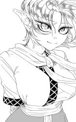 1girl absurdres arms_behind_back breasts closed_mouth commentary_request highres large_breasts looking_at_viewer mizuhashi_parsee pointy_ears scarf short_hair simple_background smile solo touhou upper_body wind yokozuna_iwashi