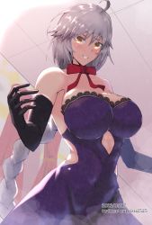 1girl ahoge bare_shoulders black_gloves braid braided_ponytail breasts cleavage covered_navel dress elbow_gloves fate/grand_order fate_(series) gloves grey_hair grin highres jeanne_d&#039;arc_alter_(avenger)_(fate) jeanne_d&#039;arc_alter_(fate) jeanne_d&#039;arc_alter_(holy_night_supper)_(fate) jeanne_d&#039;arc_alter_(violette_vengeur)_(fate) lace lace-trimmed_dress lace_trim large_breasts long_hair looking_at_viewer neck_ribbon purple_dress ribbon smile solo very_long_hair yellow_eyes zumizu