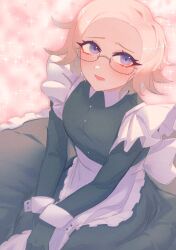 Rule 34 | 1boy, absurdres, alternate costume, aotsuki eito, apron, black dress, black gloves, blush, commentary, crossdressing, crossdressing (mtf), dress, english commentary, enmaided, frilled apron, frills, glasses, gloves, grey hair, highres, looking at viewer, maid, maid apron, male focus, male maid, noct2aa, pink background, purple eyes, short hair, solo, sparkle, the hundred line -last defense academy-, white apron, white wrist cuffs, wrist cuffs