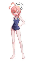 1girl absurdres ahoge alternate_costume bare_arms bare_legs bare_shoulders barefoot blue_archive blue_one-piece_swimsuit blush braid hair_between_eyes hand_on_own_hip highres huge_ahoge li_se long_hair looking_at_viewer neru_(blue_archive) one-piece_swimsuit open_mouth red_eyes red_hair school_swimsuit sidelocks single_braid solo sweatdrop swimsuit