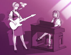 2girls alice_margatroid capelet cigarette closed_eyes commentary_request cookie_(touhou) dress earrings food-themed_earrings food-themed_hair_ornament food_themed_earrings full_body guitar hair_ornament hair_over_eyes hairband highres holding holding_guitar holding_instrument ichigo_(cookie) instrument jewelry jigen_(cookie) long_hair monochrome multiple_girls music neckerchief open_mouth piano pinafore_dress playing_instrument purple_eyes purple_theme shirt short_hair sitting sleeveless sleeveless_dress smile smoking standing strawberry_earrings strawberry_hair_ornament touhou ukiwagirl