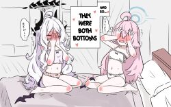 2girls ahoge and_so_they_were_both_bottoms_(meme) barefoot blue_archive blush bow bow_panties camisole closed_eyes commentary_request e_v_e_neko english_text flying_sweatdrops halo highres hina_(blue_archive) horns hoshino_(blue_archive) indoors long_hair meme multiple_girls on_bed open_mouth panties pillow pink_hair pink_panties purple_camisole sitting skin_fa speech_bubble thought_bubble translation_request underwear very_long_hair wariza white_camisole white_hair white_panties yuri
