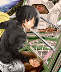 1girl amagami black_hair black_pantyhose black_sweater brown_eyes building christmas christmas_tree commentary ferris_wheel_interior from_above from_behind grey_skirt hair_strand jacket unworn_jacket leaning_forward light_smile looking_at_viewer looking_back looking_up murasaki_iro nanasaki_ai outstretched_arm pantyhose parted_lips river road roller_coaster short_hair sitting skirt smile snowman solo street sweater turtleneck turtleneck_sweater yellow_jacket