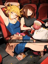 2girls absurdres ankle_monitor armpits arms_up barefoot blonde_hair blue_dress blunt_bangs blush boku_no_hero_academia breasts brown_hair can closed_eyes cup disposable_cup double_bun dress drinking_straw drooling english_text feet food grin hair_bun highres khyle. large_breasts medium_breasts medium_hair messy_hair multiple_girls no_eyes open_mouth panties popcorn red_panties sitting skirt smile suggestive_fluid teeth toes toga_himiko underwear upper_teeth_only uraraka_ochaco