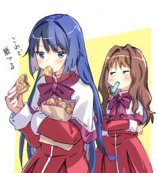 Rule 34 | 2girls, akayama yukihe, bag, blue eyes, blue hair, blunt bangs, blunt ends, blush, bow, bowtie, brown eyes, brown hair, capelet, commentary request, cowboy shot, crossed arms, dress, food, food in mouth, hair between eyes, hair intakes, highres, hime cut, holding, holding bag, holding food, jitome, kanon, long hair, looking at viewer, looking to the side, minase nayuki, misaka kaori, multiple girls, popsicle, popsicle in mouth, red bow, red bowtie, red dress, school uniform, sidelocks, simple background, sketch, straight hair, taiyaki, translation request, very long hair, wagashi, wavy hair, white background, white capelet