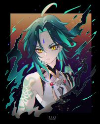 Rule 34 | 1boy, absurdres, ahoge, arm tattoo, artist name, bead necklace, beads, black border, border, character name, copyright name, curtained hair, diamond-shaped pupils, diamond (shape), facial mark, forehead mark, genshin impact, green hair, highres, jewelry, male focus, necklace, parted lips, signature, solo, symbol-shaped pupils, tattoo, xiao (genshin impact), yasaikakiage, yellow eyes