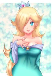 Rule 34 | 1girl, bare shoulders, blonde hair, blue background, blue dress, blue eyes, breasts, brooch, cleavage, closed mouth, commentary, crown, dress, earrings, english commentary, hair over one eye, hand on own chest, jewelry, long hair, long sleeves, looking at viewer, mario (series), nintendo, off-shoulder dress, off shoulder, rosalina, smile, solo, sparkle, star (symbol), star brooch, star earrings, sugarbell, wide sleeves