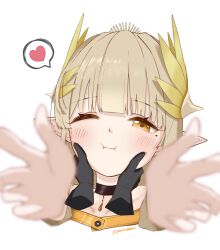 1girl 1other :i ambiguous_gender arknights black_choker brown_hair choker commentary_request disembodied_hand doctor_(arknights) elf hands_on_another&#039;s_face heart highres laurels mole mole_under_eye muelsyse_(arknights) one_eye_closed outstretched_arms pointy_ears ponpocosuzume simple_background spoken_heart white_background yellow_eyes