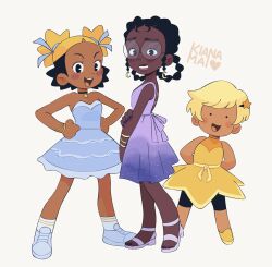 1other 2girls afro_puffs aika_(kiana_mai) black_hair blonde_hair blush cornrows dark-skinned_female dark_skin dress glasses hair_edges highres hoshi_(kiana_mai) i_don&#039;t_want_to_be_a_magical_girl kiana_mai multi-tied_hair multicolored_hair multiple_girls official_alternate_costume open_mouth smile star-shaped_hair toon_(style) two-tone_hair very_dark_skin zira_(kiana_mai)