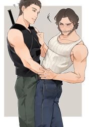 2boys ? ass belt black_gloves blush brown_eyes brown_hair clenched_hand clenched_teeth collarbone commentary_request deadpool deadpool_(series) denim embarrassed facial_hair gloves green_pants hand_on_another&#039;s_waist highres jeans katana light_brown_hair looking_at_another male_focus marvel multiple_boys muscular muscular_male pants pectorals short_hair sleeveless sweatdrop sword sword_on_back tank_top teeth weapon weapon_on_back wolverine_(x-men) wonpese x-men x-men_film_series x-men_origins:_wolverine yaoi