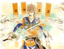 Rule 34 | banner, blonde hair, branch, closed eyes, flower, japanese clothes, katana, kimono, kobayakawa takakage, sengoku musou, sword, weapon