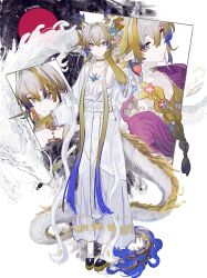 1girl absurdres ambience_synesthesia arknights blonde_hair blue_hair braid breasts choker cleavage closed_mouth collarbone colored_extremities commentary_request dragon dragon_girl dragon_horns dragon_tail dress earrings eastern_dragon flower fruit_earrings grey_eyes grey_hair hair_between_eyes hair_flower hair_intakes hair_ornament hand_in_own_hair highres horns jewelry long_hair looking_at_viewer multicolored_hair multiple_views necklace official_alternate_costume pearl_necklace pointy_ears red_sun shu_(arknights) shu_(bingwenyuyou)_(arknights) shu_(spring_feast)_(arknights) small_breasts smile standing tail user_njsw5845 very_long_hair white_dress yellow_choker