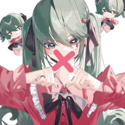 1girl absurdres black_nails black_ribbon blurry blush center_frills chibi commentary depth_of_field facial_mark frilled_shirt frills green_eyes green_hair hair_between_eyes hair_ornament hair_ribbon hatsune_miku heart heart_facial_mark heart_hair_ornament highres jewelry jirai_kei looking_at_viewer mask mouth_mask neck_ribbon panties pink_shirt qtian ribbon ring shirt twintails underwear vampire_(vocaloid) vocaloid white_background white_panties x x_fingers