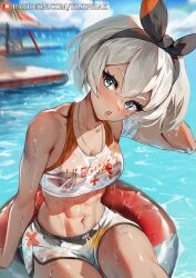 1girl :o abs absurdres afloat alternate_costume bea_(pokemon) bikini black_hairband blonde_hair blue_eyes blurry blurry_background blush bow_hairband cloud commentary crop_top day eyelashes hairband highres innertube klopsiak lifeguard navel nintendo open_mouth outdoors patreon_logo pokemon pokemon_swsh see-through_bikini see-through_clothes short_hair shorts sky solo sparkle swim_ring swimsuit toned toned_female water watermark web_address wet wet_clothes whistle whistle_around_neck