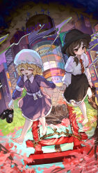 2girls :d absurdres barefoot black_hat black_skirt blonde_hair brown_eyes brown_hair building cityscape closed_eyes closed_mouth different_reflection dress fedora hat highres holding holding_hands holding_shoes kourou_(kouroukun) long_sleeves maribel_hearn medium_hair mob_cap multiple_girls open_mouth purple_dress reflection reflective_water ripples shirt shoes shrine skirt smile torii touhou unworn_shoes usami_renko walking white_hat white_shirt