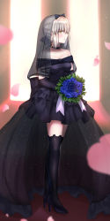 1girl absurdres artoria_pendragon_(fate) black_dress black_thighhighs bouquet braid breasts dress fate/grand_order fate/stay_night fate_(series) flower from_side hair_ribbon high_heels highres holding holding_bouquet holding_flower light looking_at_viewer petals ribbon saber_alter sii_artatm solo thighhighs veil wedding_dress