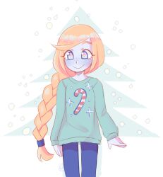 1girl alternate_costume blue_eyes blue_skin braid braided_ponytail bright_pupils candy_cane_print casual christmas christmas_sweater colored_skin cowboy_shot highres long_hair long_sleeves looking_at_viewer nintendo no_headwear orange_hair orange_pupils pokemon pokemon_usum print_sweater ryyy_(ryartchus) single_braid snow snowing solo sweater zossie_(pokemon)
