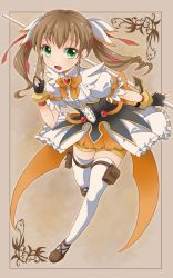 Rule 34 | 10s, 1girl, bad id, bad pixiv id, bow, bowtie, brooch, brown background, brown hair, card, corset, dog days, female focus, fingerless gloves, frills, full body, gloves, green eyes, hair ribbon, jewelry, long hair, ratryu, rebecca anderson, ribbon, shoes, skirt, smile, solo, staff, thighhighs, twintails, white thighhighs