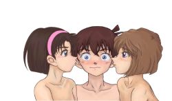 1boy 2girls animated animated_gif blood blue_eyes blush brown_hair haibara_ai hairband happy heart hetero kiss kissing_cheek kudou_shin&#039;ichi loli looping_animation meitantei_conan multiple_girls nosebleed nude probi shota simple_background smile ugoira white_background yoshida_ayumi
