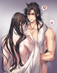2boys ass black_hair brown_hair chu_wanning closed_mouth collarbone completely_nude cowboy_shot erha_he_ta_de_bai_mao_shizun furrowed_brow gradient_background hair_down highres long_hair male_focus mo_ran multiple_boys muscular muscular_male nude purple_eyes scar scar_on_chest smile speech_bubble standing sweatdrop thought_bubble towel wet wet_hair yaoi zehel_az