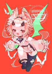 1girl :3 absurdres animal_ear_piercing animal_ears asymmetrical_legwear bandaged_leg bandages bangs_pinned_back barbell_piercing bat_ears bat_girl bat_wings belt black_belt black_horns black_thighhighs blonde_hair borrowed_character bright_pupils collar collared_halterneck commission cowboy_shot cropped_legs ear_piercing fang flask flipped_hair flying frilled_collar frills green_wings half-closed_eyes halterneck heart heart-shaped_pupils highres hip_flask horns industrial_piercing knees_together_feet_apart leaning_forward light_blush long_sleeves looking_at_viewer midair o-ring open_hands open_mouth original outstretched_arms petite piercing potion pouch raised_eyebrows red_background red_eyes second-party_source shirt simple_bat single_bare_shoulder skeb_commission skin_fang solo symbol-shaped_pupils thigh_pouch thighhighs topknot torn_clothes torn_thighhighs uneven_legwear v-neck watermark white_pupils white_shirt wings yasubaru zettai_ryouiki