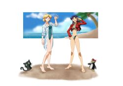 2girls akagi_ritsuko amondetauro aqua_one-piece_swimsuit beach bikini bird blonde_hair breasts cat cleavage cropped_jacket earrings full_body highres jacket jewelry katsuragi_misato long_hair medium_breasts multiple_girls neon_genesis_evangelion one-piece_swimsuit one_eye_closed pendant penguin purple_hair red_jacket shirt short_hair smile standing swimsuit white_shirt