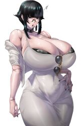 1girl black_hair blue_eyes breasts cleavage covered_navel doll_joints dongtan_dress dress gigantic_breasts glasses grey_dress highres joints lipstick makeup mask mask_pull meme_attire mouth_mask original pencil_dress scoop_neck shiny_skin short_hair simple_background skindentation solo standing taut_clothes taut_dress tight_clothes tight_dress white_background z_enatsu