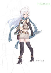 Rule 34 | 1girl, absurdres, artist name, bare shoulders, belt pouch, boots, character name, crop top, cropped jacket, dated, detached sleeves, dual wielding, eiyuu densetsu, english text, fie claussell, floating hair, floating scarf, full body, green eyes, gunblade, hair between eyes, hajimari no kiseki, high heel boots, high heels, highres, holding, holding weapon, long hair, looking at viewer, n100924, parted bangs, pouch, scarf, sen no kiseki, sen no kiseki (series), sen no kiseki iv, shorts, sidelocks, simple background, solo, weapon, white background, white hair