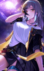 1girl absurdres black_gloves black_jacket black_skirt bowlp breasts commentary cowboy_shot glove_pull gloves grey_hair highres honkai:_star_rail honkai_(series) jacket large_breasts looking_at_viewer medium_hair miniskirt mouth_hold multicolored_jacket open_clothes open_jacket revision shirt skirt solo stelle_(honkai:_star_rail) thighs trailblazer_(honkai:_star_rail) two-tone_jacket white_shirt yellow_eyes yellow_jacket