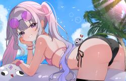 1girl absurdres ass bikini black_bikini blue_sky breasts colored_inner_hair commentary day eyewear_on_head gem gradient_hair grey_hair grin hana20000920 highres hololive hololive_english jewel_under_eye koseki_bijou lens_flare long_hair looking_at_viewer lying mismatched_bikini multicolored_hair on_stomach outdoors pebble_(koseki_bijou) pink_bikini pink_hair purple-tinted_eyewear purple_eyes purple_gemstone purple_hair round_eyewear side-tie_bikini_bottom sky small_breasts smile solo string_bikini sunglasses swimsuit symbol-only_commentary tinted_eyewear twintails very_long_hair virtual_youtuber