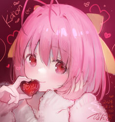 Rule 34 | 1girl, antenna hair, blush, bow, candy, chocolate, chocolate heart, food, hair bow, hand on own face, happy valentine, heart, highres, holding, holding chocolate, holding food, kami nomi zo shiru sekai, nakagawa kanon, pink eyes, pink hair, pyon-kichi, short hair, smile, solo, sweater, upper body, valentine