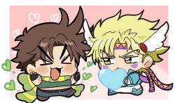 &gt;_&lt; 2boys :&lt; :3 arms_up battle_tendency belt black_belt black_gloves blonde_hair blue_jacket blue_pants blush_stickers border brown_hair brown_shoes caesar_anthonio_zeppeli chibi closed_eyes collared_jacket curtained_hair dot_nose facial_mark fingerless_gloves full_body gloves green_eyes green_scarf green_shirt headband heart highres holding holding_heart jacket jitome jojo_no_kimyou_na_bouken joseph_joestar joseph_joestar_(young) looking_to_the_side lower_eyelashes_only male_focus motu705 multiple_boys pants patterned_clothing popped_collar scarf shirt shoes short_hair side-by-side sideways_glance standing v-shaped_eyebrows white_border white_pants winged_headwear yaoi