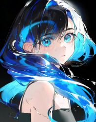 Rule 34 | 1girl, bare shoulders, black background, black hair, blue eyes, blue hair, blush, dripping, eyelashes, from side, highres, liquid hair, long hair, looking at viewer, mizumi zumi, original, portrait, simple background, solo, strap, tank top, watermark