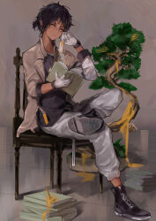 1boy arknights black_hair black_shirt black_shoes bonsai book book_stack bookmark brown_jacket closed_mouth commentary_request crossed_legs dark-skinned_male dark_skin ear_piercing full_body gloves grey_pants highres holding holding_book jacket layered_sleeves long_sleeves looking_at_viewer male_focus maria_(syake-uni) on_chair open_book open_clothes open_jacket orange_eyes pants piercing ponytail shirt shoe_soles shoes short_over_long_sleeves short_sleeves sitting solo thorns_(arknights) tile_floor tiles tree white_gloves