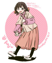 1girl absurdres arched_back black_socks blunt_bangs blush border commentary_request english_text hair_ornament hairclip heart highres long_skirt looking_at_viewer make_heroine_ga_oo_sugiru! maruyo nukumizu_kaju open_mouth orange_skirt pink_background pink_scarf pink_shirt pleated_skirt polka_dot polka_dot_background purple_eyes round_border scarf shadow shirt shoes short_hair simple_background skirt smile socks solo standing sweater teeth translation_request two-tone_background upper_teeth_only v white_background white_shoes